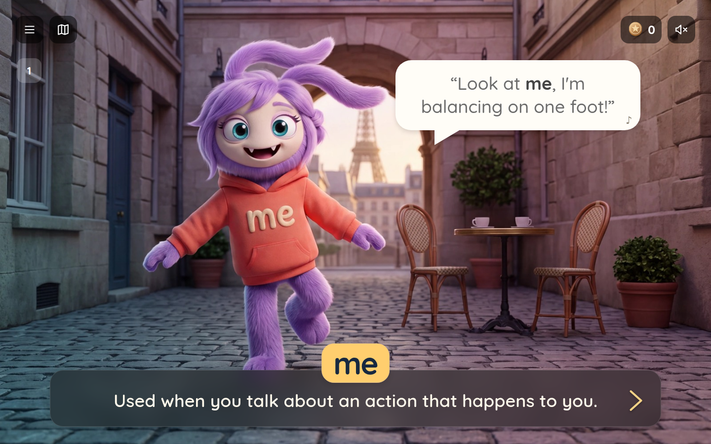 Desktop gameplay: a word lesson with a character, speech bubble and meaning