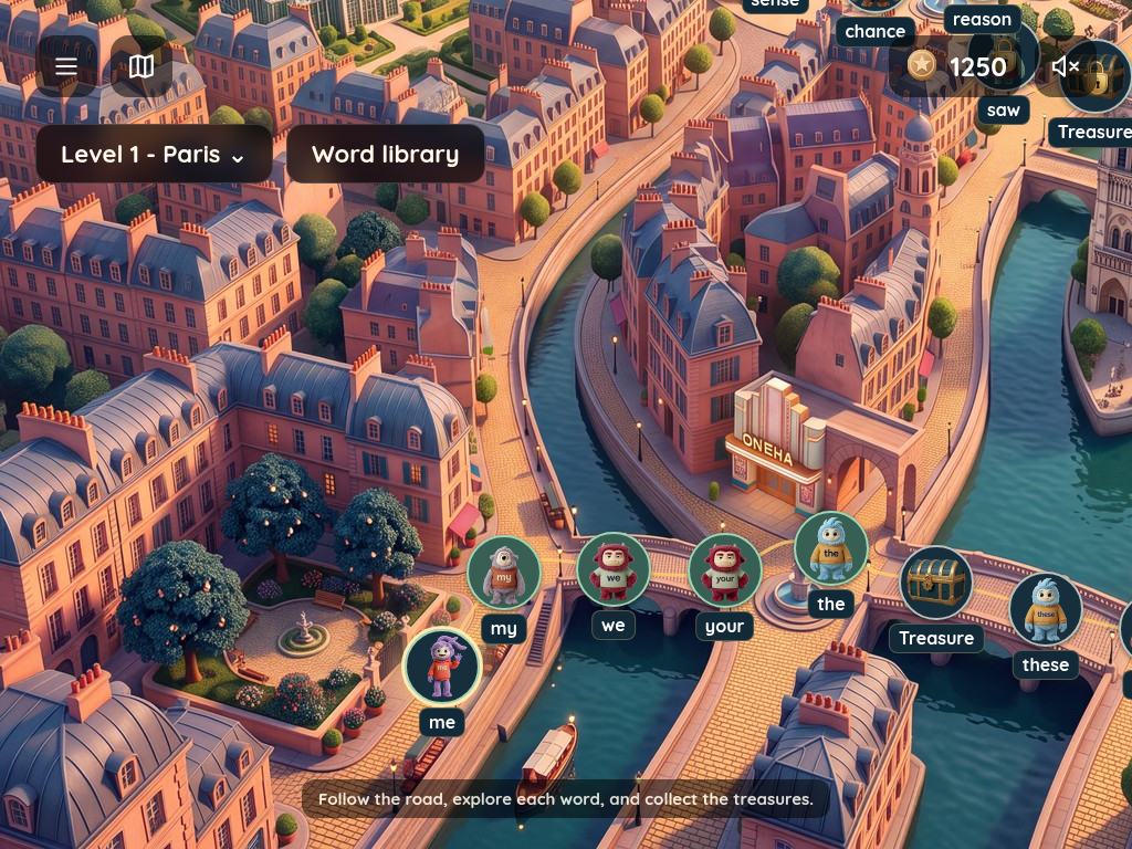 Actual Paris level map, zoomed to show the word path and treasure stops