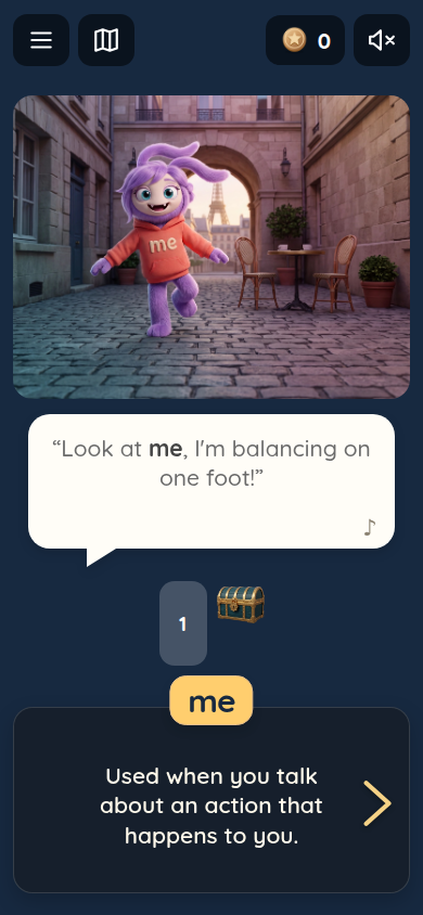 Phone gameplay showing the same word lesson adapted to a smaller screen