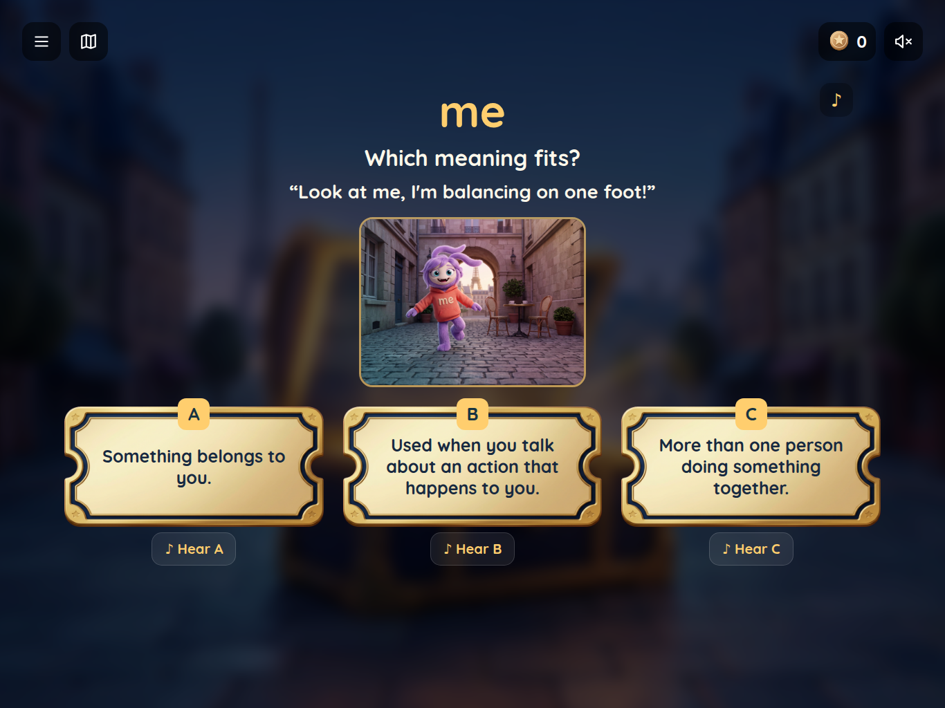 Tablet gameplay showing a narrated treasure question and three answer tickets